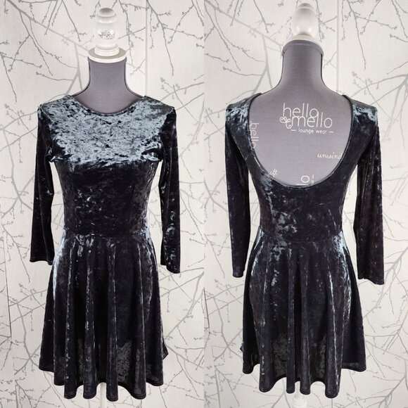 Topshop Blue Gray Velvet Scoop Back Skater Dress - Picture 1 of 3